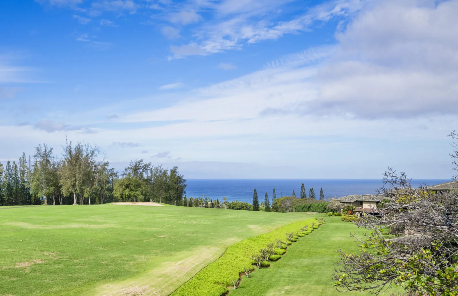 Wide open golf fairway seen from Kapalua Ridge Villa 1223, with a bunker, a clipped hedge row, ironwood trees and the ocean across the horizon.